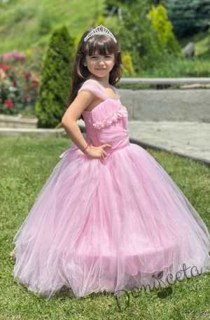 Официална детска дълга рокля в розово без ръкав с тюл и с обръч Андреан