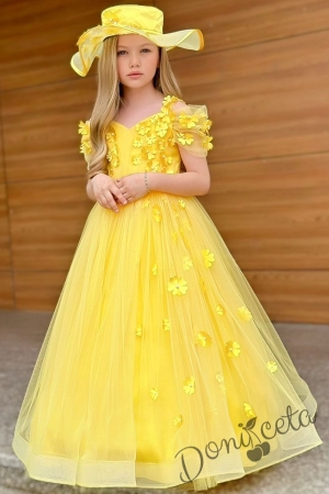 Официална детска дълга рокля в жълто без ръкав с тюл, обръч и 3D цветя с капела Беладона