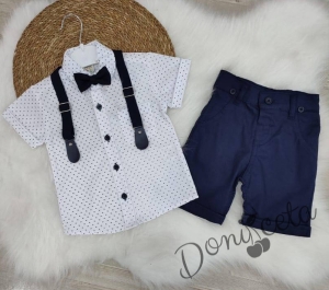 Летен комплект за момче от панталон в тъмносиньо, риза в бяло и орнаменти, тиранти и папийонка в тъмносиньо 1