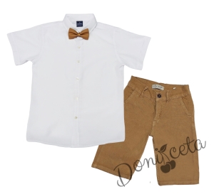 Комплект от изчистена риза в бяло, папийонка в кафяво и къси дънки в горчица