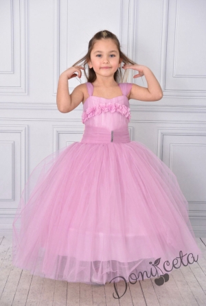 Официална дълга детска рокля в розово без ръкав от тюл с блясък с обръч Андреан