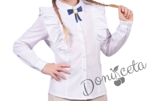 Детски комплект за момиче от къси панталонки и сако в черно и официална блуза с дълъг ръкав в бяло с къдрици и брошка 2