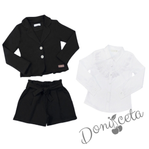 Детски комплект за момиче от къси панталонки и сако в черно и официална блуза с дълъг ръкав в бяло с дантела 1