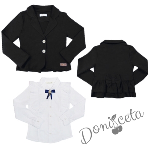 Детски комплект за момиче от сако в черно и официална блуза с дълъг ръкав в бяло с къдрици и брошка