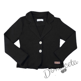 Детски комплект за момиче от сако в черно и официална блуза с дълъг ръкав в бяло с къдрици и брошка 3