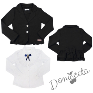 Детски комплект за момиче от сако в черно и официална блуза с дълъг ръкав в бяло с дантела и брошка