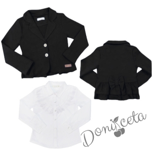 Детски комплект за момиче от сако в черно и официална блуза с дълъг ръкав в бяло с къдрици