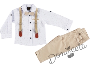 Детски комплект с тиранти, панталон и папийонка в бежово и риза в бяло с орнаменти 766304090 1