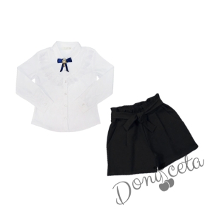 Комплект от блуза в бяло с дълъг ръкав и дантела с брошка и къси панталони в черно
