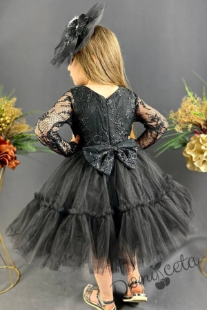 Празнична детска рокля Тера с дълъг ръкав от дантела и тюл в черно с харбала и панделка за коса 2