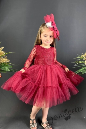 Празнична детска рокля Тера с дълъг ръкав  от дантела и тюл в бордо с харбала и панделка за коса