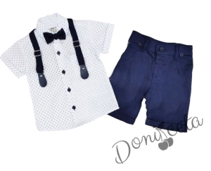 Летен комплект за момче от панталон в тъмносиньо, риза в бяло и орнаменти, тиранти и папийонка в тъмносиньо