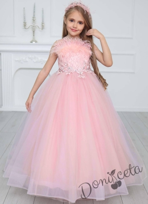 Официална детска дълга рокля в розово без ръкав с диадема и обръч отдолу на пола Шери 1