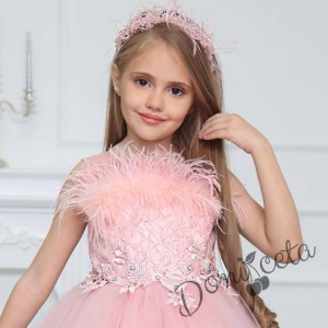 Официална детска дълга рокля в розово без ръкав с диадема и обръч отдолу на пола Шери 2