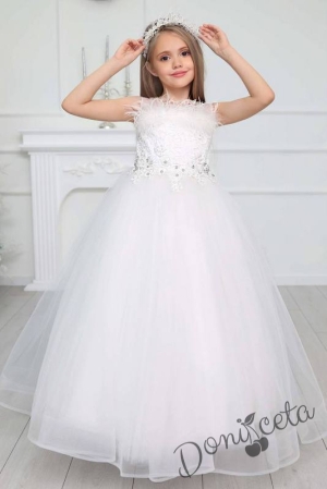 Официална детска дълга рокля в бяло без ръкав  Шери
