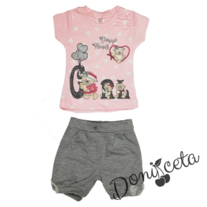 Set of blouse in peach colour with a picture of a bear and grey shorts