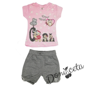  A set of a blouse in pink with a picture of a bear and shorts in gray