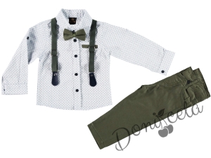 Детски комплект с тиранти, панталон и папийонка в тъмнозелено и риза в бяло с орнаменти 7663040912