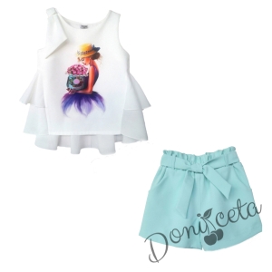 Children's set of shorts in turquoise with belt and tunic in white with girl