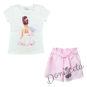 Детски комплект от къси панталони в розово с колан и тениска с момиче 1