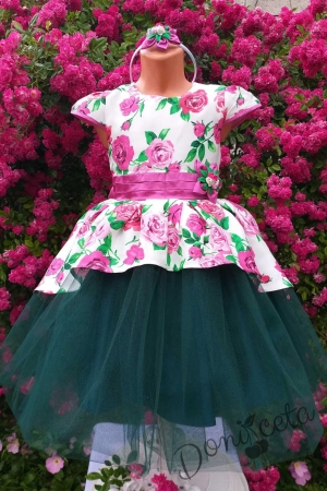 Официална детска рокля на цветя със зелен тюл 379 РРС
