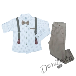 Детски комплект с тиранти, панталон и папийонка в бежово и риза в бяло с орнаменти 7063040912