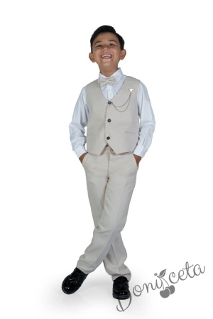 Официален костюм за момче от 4 части елек , риза в бяло, панталон и папийонка в бежово и брожка-верижка 11311258 1