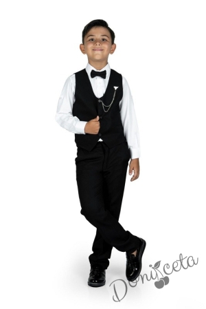 Официален костюм за момче от 4 части елек , риза в бяло, панталон и папийонка в черно и брожка-верижка 11311256 2