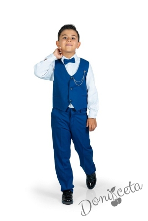 Официален костюм за момче от 4 части елек , риза в бяло, панталон и папийонка в синьо и брожка-верижка 11211354