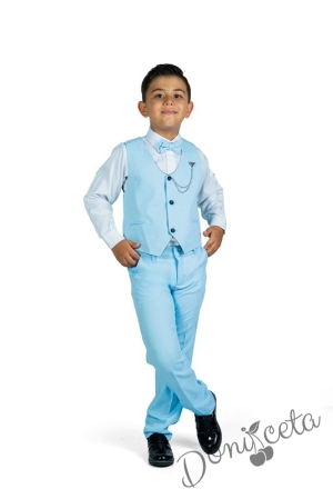 Официален комплект за момче от 4 части елек , риза в бяло, панталон и папийонка в светлосиньо и брожка-верижка 11311252