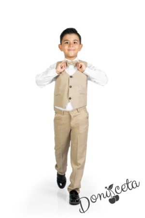 Официален костюм за момче от 4 части елек , риза в бяло, панталон и папийонка в бежово