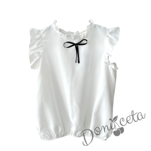 Детска риза за момиче в бяло с къс ръкав Contrast с тъмносиня панделка 1