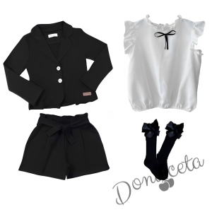 Комплект за момиче от къси панталони в черно и риза с панделка и сако и чорапи 1