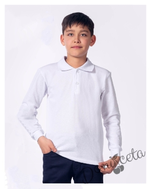 Детска риза в бяло с дълъг ръкав за момче с яка и две копчета 1