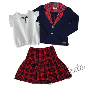 Детски комплект за момиче от карирана пола и сако в тъмносиньо с каре и риза в бяло с къс ръкав Contrast 1