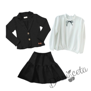 Комплект от 3 части риза с дълъг ръкав в бяло Contrast, пола и сако в черно 1