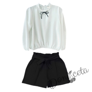 Комплект за момиче от къси панталони в черно и риза с дълъг ръкав в бяло Contrast с панделка в черно 