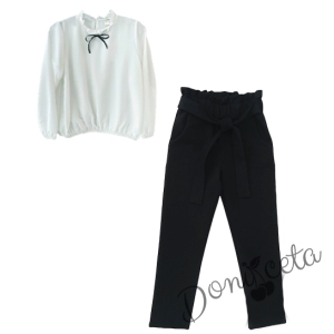 Комплект от риза с дълъг ръкав в бяло Contrast и панталон в черно 1