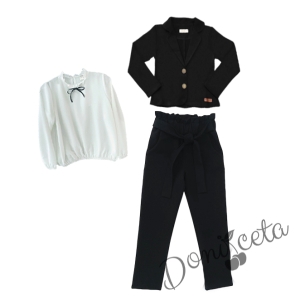 Комплект от 3 части риза с дълъг ръкав в бяло Contrast, панталон и сако в черно 1