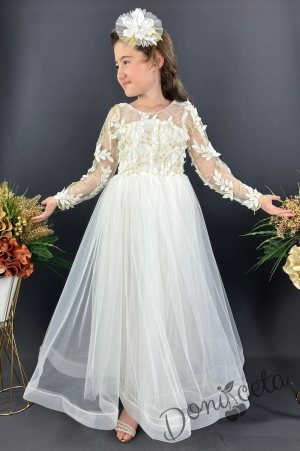 Официална дълга детска рокля в бяло с дълъг ръкав от тюл и 3D листа Шарлот 1