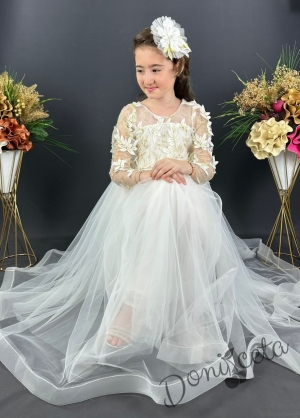 Официална дълга детска рокля в бяло с дълъг ръкав от тюл и 3D листа Шарлот 2