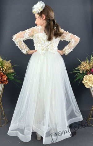 Официална дълга детска рокля в бяло с дълъг ръкав от тюл и 3D листа Шарлот 3