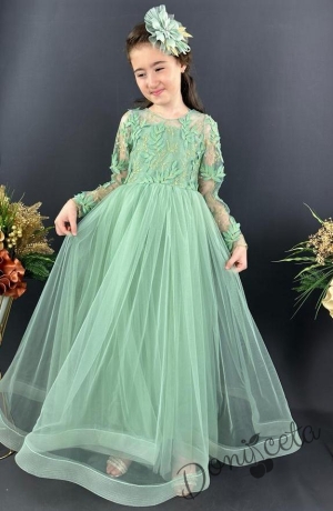 Официална дълга детска рокля в светлозелено с дълъг ръкав от тюл и 3D листа Шарлот 1