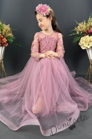 Официална дълга детска рокля в пепел от рози с дълъг ръкав от тюл и 3D листа Шарлот