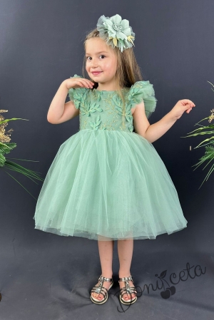 Официална детска рокля Шарлот в светлозелено с къс ръкав с тюл, 3D листа и панделка за коса
