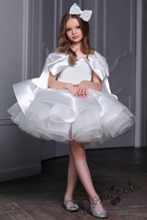 Официална детска рокля от богат тюл и сатен с къс ръкав панделка в бяло с фиба за коса панделка Анастасия 1