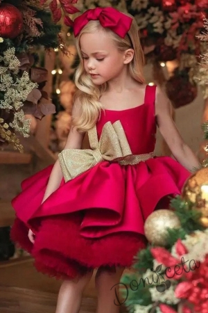 Официална детска рокля от богат тюл и сатен без ръкав в червено с голяма златиста панделка и фиба за коса Сесилия 1