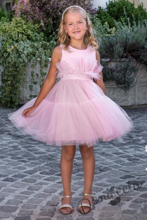 Официална детска рокля без ръкав с богат тюл в розово Анелия 1