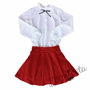 Комплект от риза в бяло на Contrast и кожена пола в червено