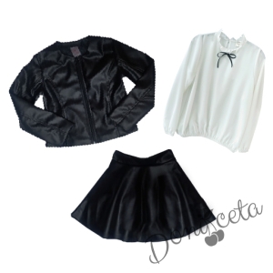 Комплект от 3 части риза в бяло на Contrast, кожена пола в черно и яке